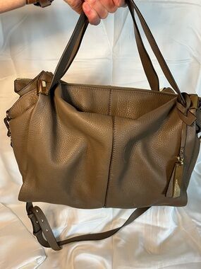 Vince Camuto Taupe Leather Shoulder Tote with Gold Hardware